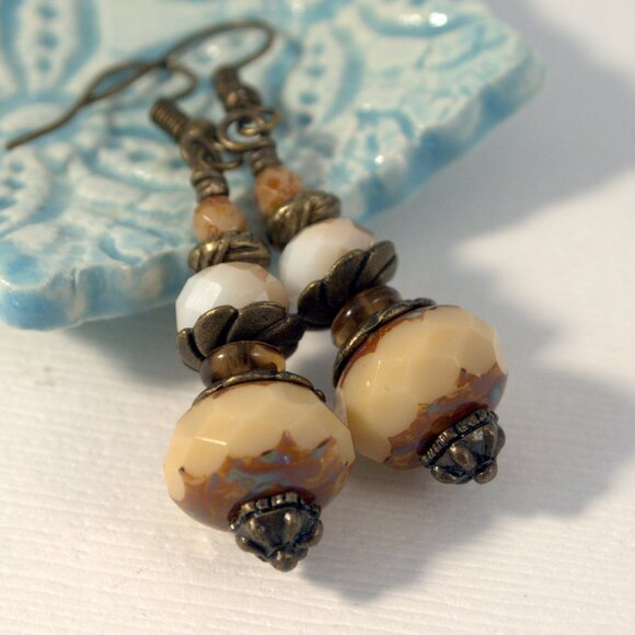 Chunky Earthy Boho Czech Glass Earrings Cream Drop Pierced or Clip-on Earrings - Picture 7 of 10